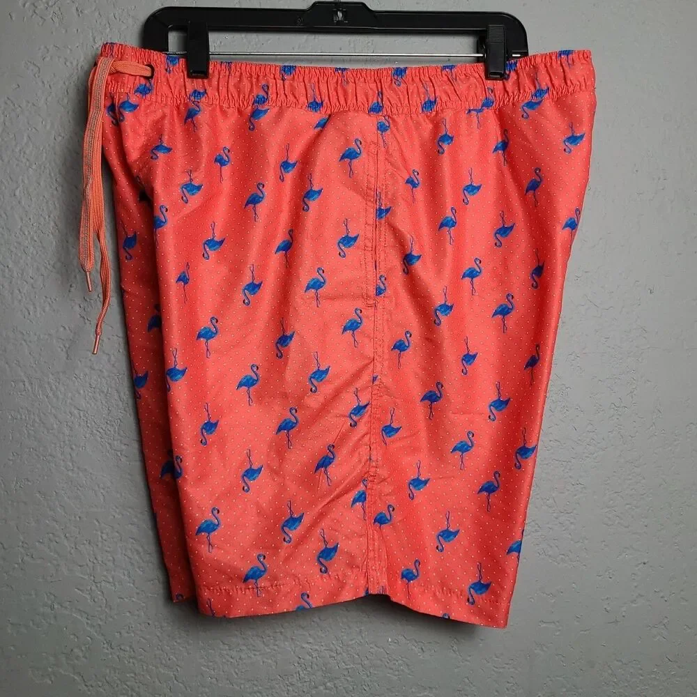 Surf Society Men's Tie Neon Orange Flamingo Lined Pockets Swimwear Short Sz XL